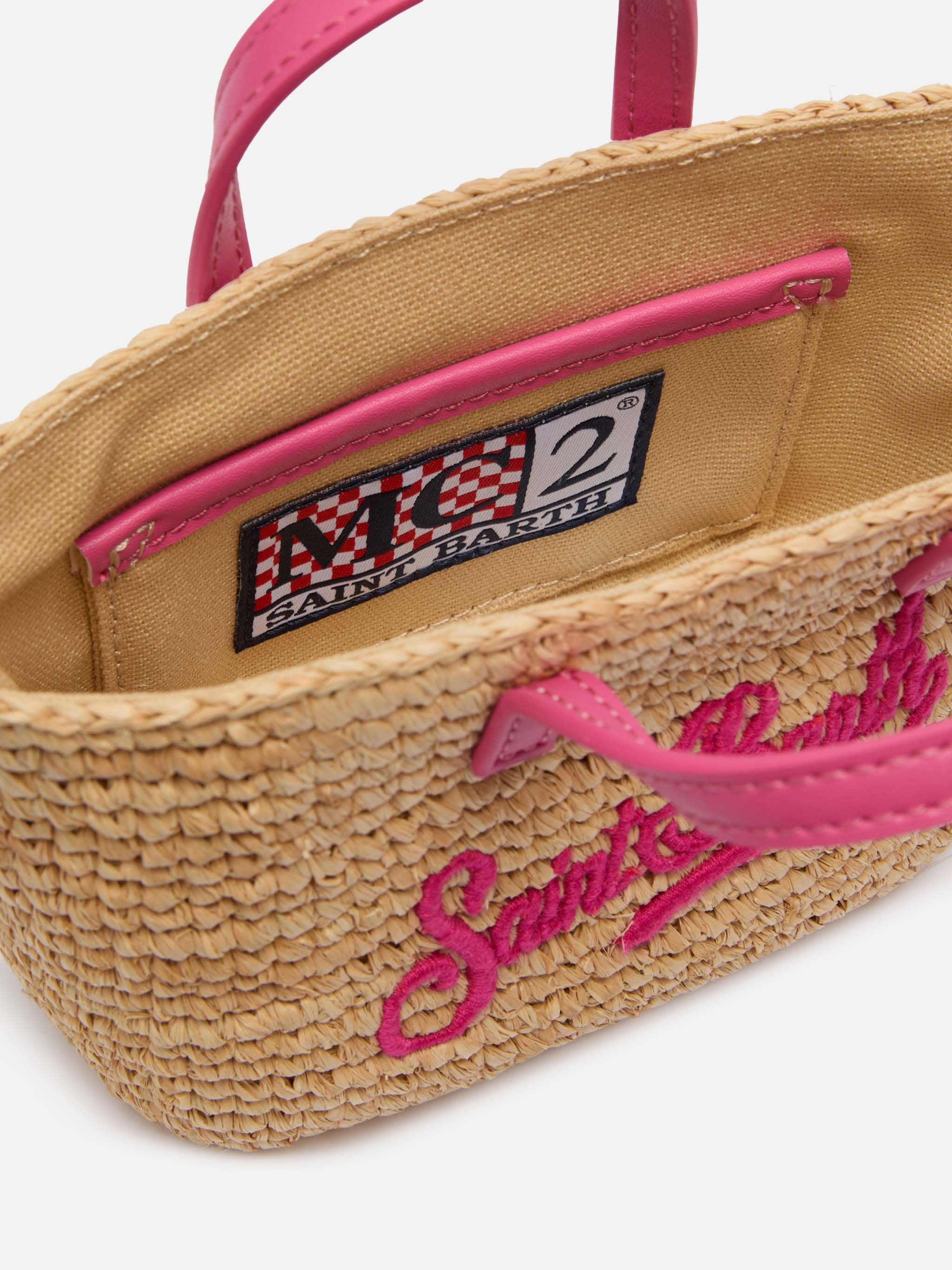 Sac de ville micro en raphia beige avec broderie Saint Barth