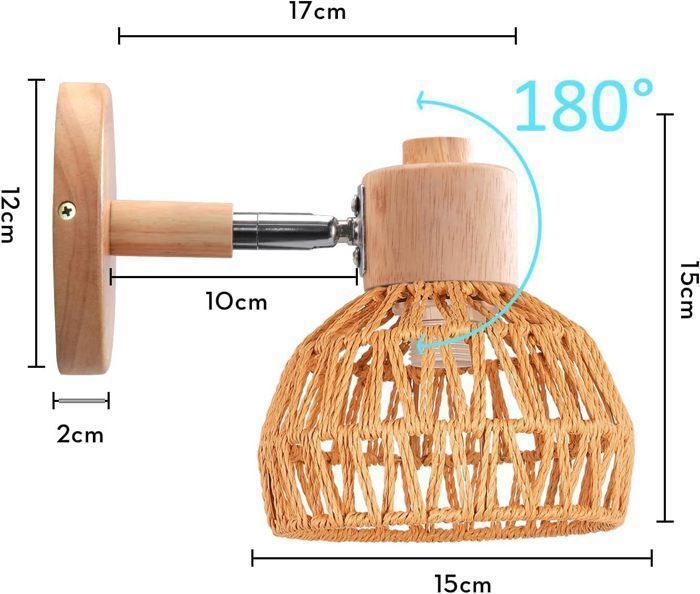 IDEGU Juego de 2 apliques de pared industriales retro para interiores, lámparas de pared ajustables de 15 cm en madera y ratán.