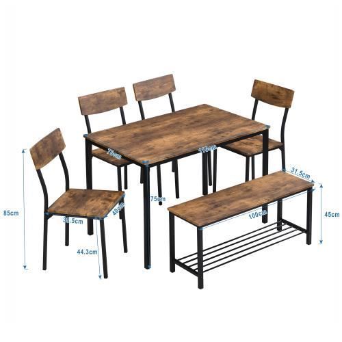 Dining Table and 4 Chairs with Bench for Dining Room - 6-Piece Set, Table 110 x 70 x 75 cm - Brown and Black
