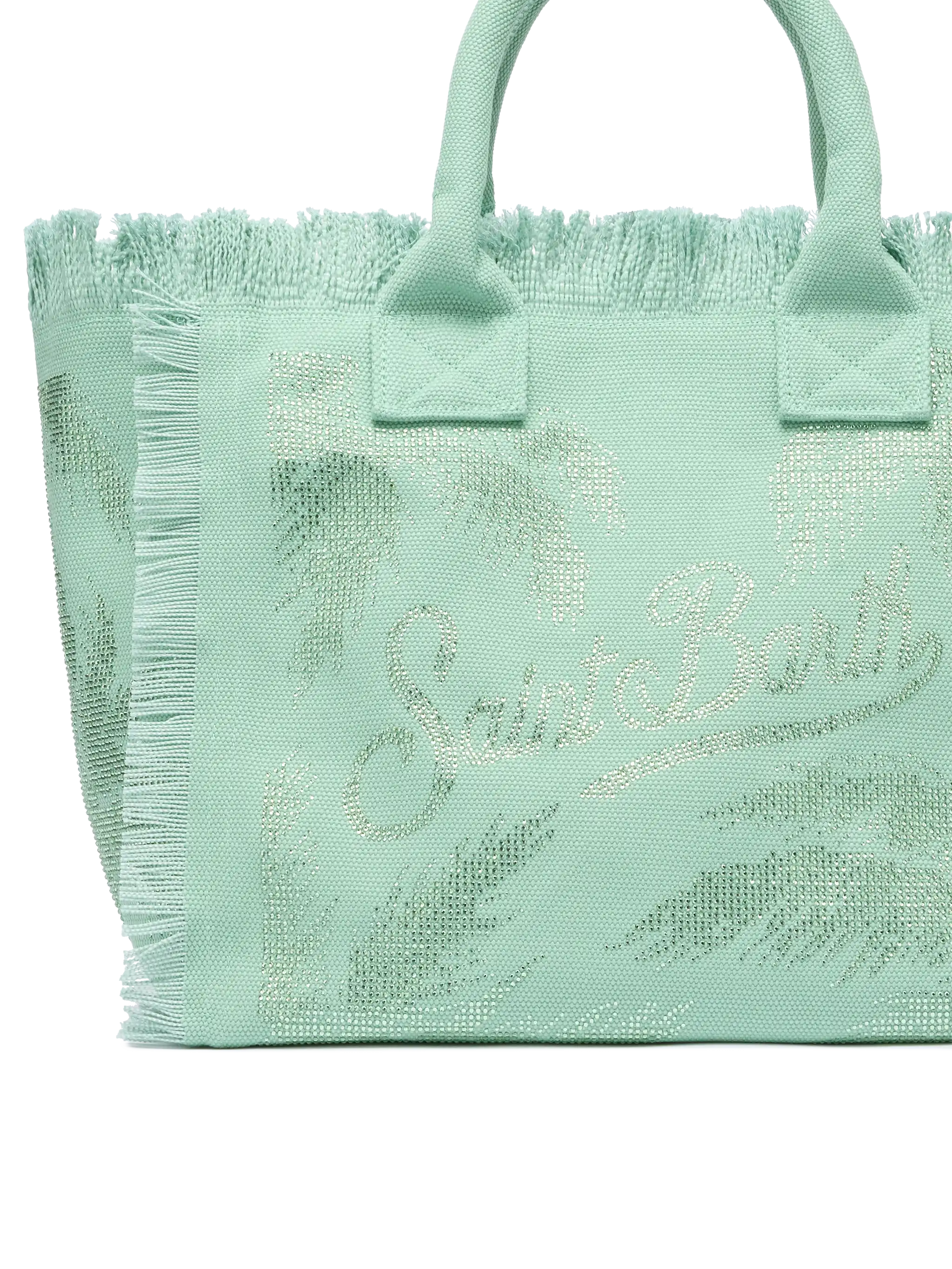 Kosmetiktasche aus salbeigrünem Baumwoll-Canvas mit Verzierungen