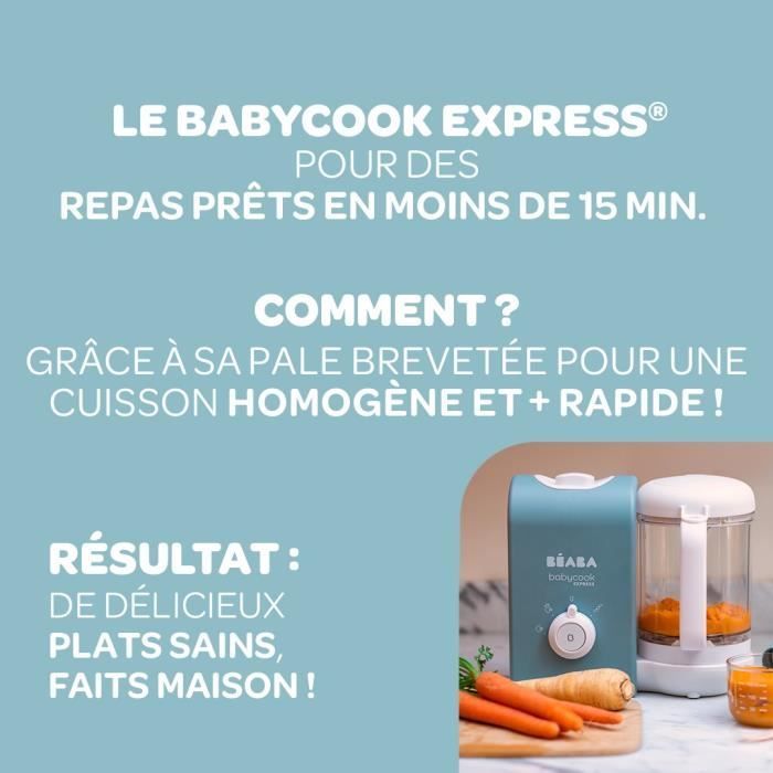 BEABA, Babycook express, robot bébé, 4 en 1 mixeur-cuiseur, bleu baltique