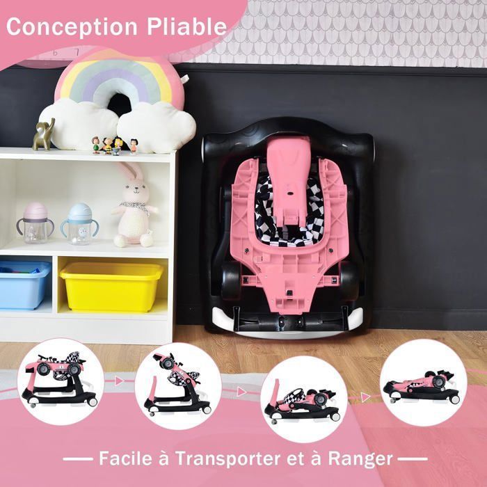 Andador plegable 4 en 1 para bebés COSTWAY - Altura y velocidad ajustables - Caja de música con luz - 6-18 meses - Ruedas silenciosas - Rosa