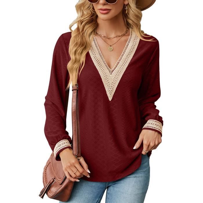 Pull Femme INSFITY - Manches Longues Col V - Couleur Contraste Bordeaux - Printemps et Automne