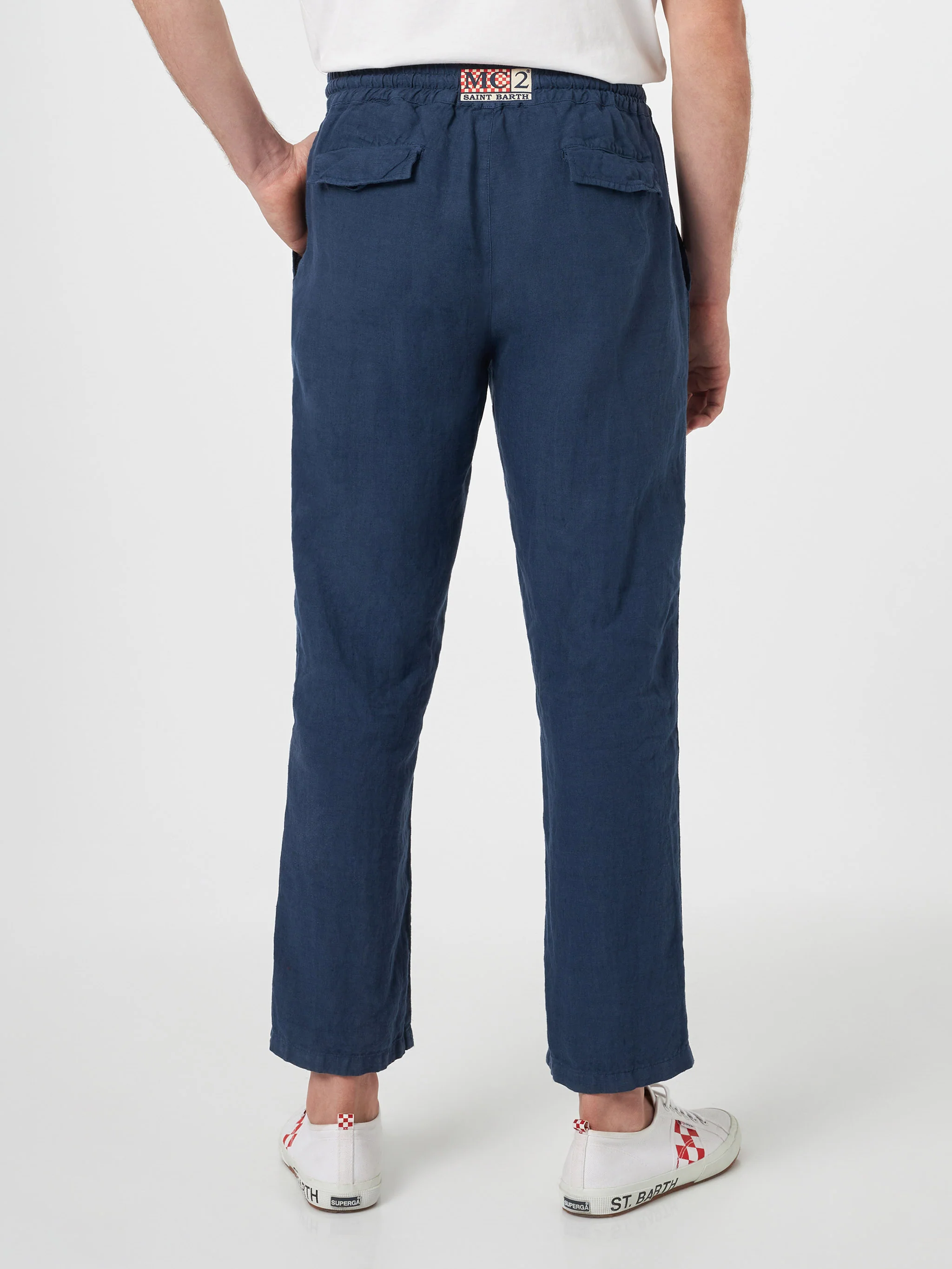 Calais herenbroek van marineblauw linnen met trekkoord