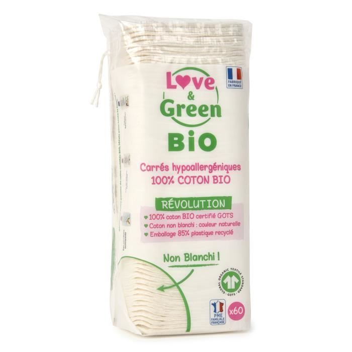 LOVE & GREEN Maxi dischetti di cotone ipoallergenici - 100% cotone biologico non sbiancato - 70 dischetti di cotone