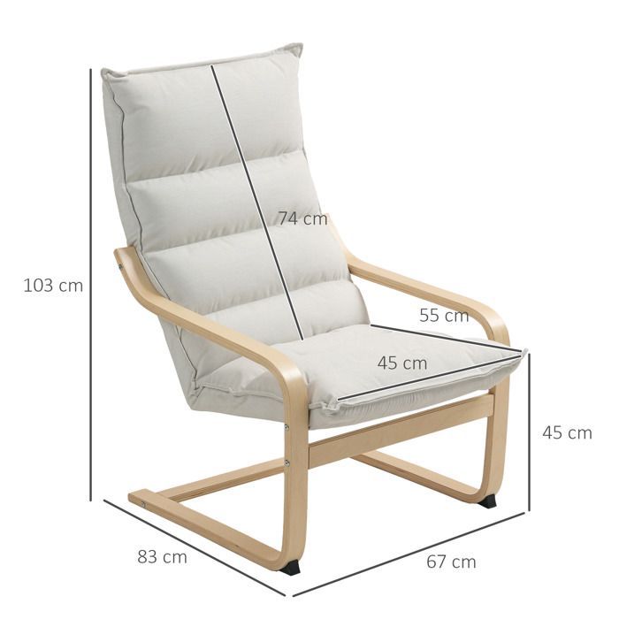 Fauteuil salon - HOMCOM - moderne fauteuil chambre avec accoudoirs incurvés, coussins, 67 x 83 x 105 cm, crème