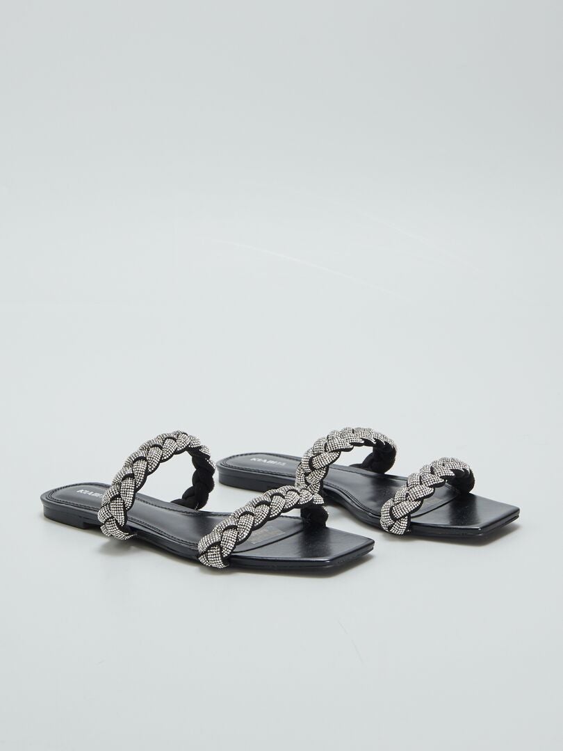 Lage sandalen met strasssteentjes - ZWART