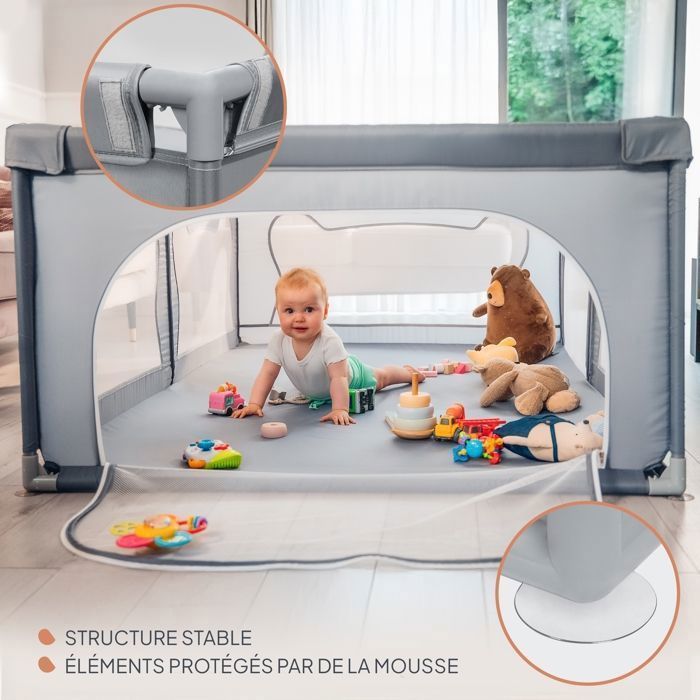 LIONELO Willow Baby Playpen - 127 x 187 cm - Mesh Sides - Large, Safe Play Area - Protective Grille - Grey