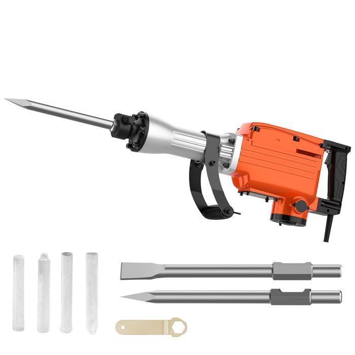 Taladro percutor demoledor de 2200 W, 65 J y 1900 RPM con 2 brocas cinceladas y mango giratorio.