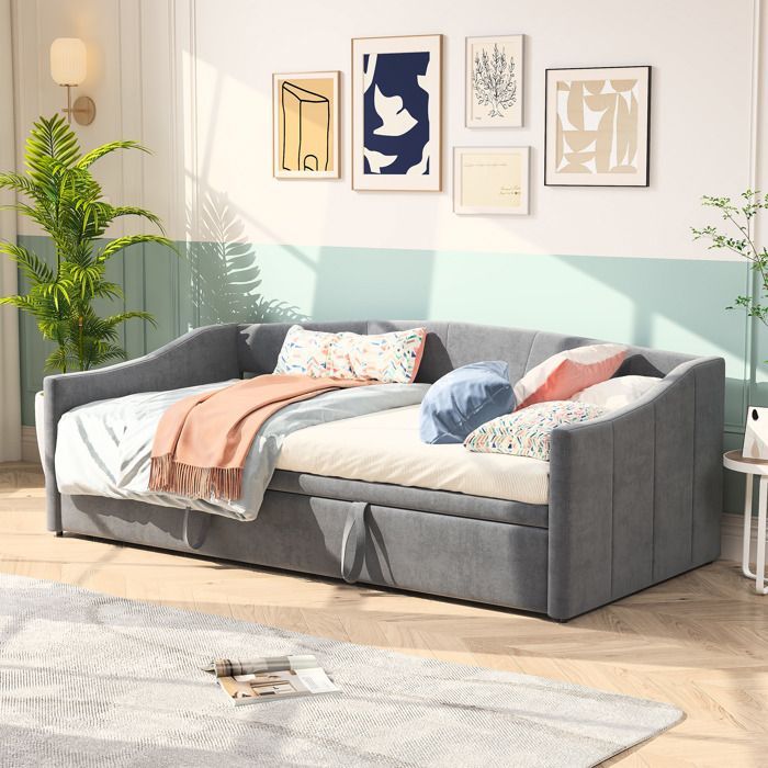 Lit Rembourré 90×200 cm,Canapé-lit Extensible 90/180×200cm avec sommiers à lattes,lit multifonctionnel en tissu en velours,gris