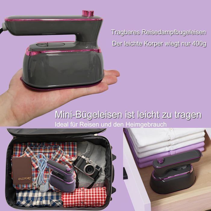 Défroisseur à main 1000W Fer à Repasser de Voyage Portable, 180 Degrés Pliable Mini Fer à Vapeur, Rapide 20s, Machine à Repasser
