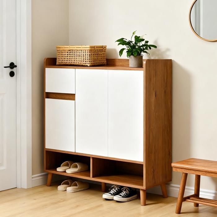 Cómoda/aparador/zapatero blanco y de madera, 90x35x99 cm, con estantes ajustables y patas de madera maciza.