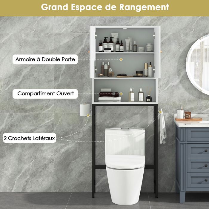 Armario para inodoro GOPLUS - Unidad de almacenamiento sobre el inodoro, compartimento abierto, estante ajustable, para cuarto de lavado, blanco