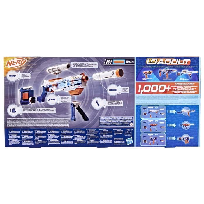 Nerf Loadout Arctic Zerostriker blaster with 4 interchangeable accessories, 24 Nerf N1 darts, 6-dart internal magazine.