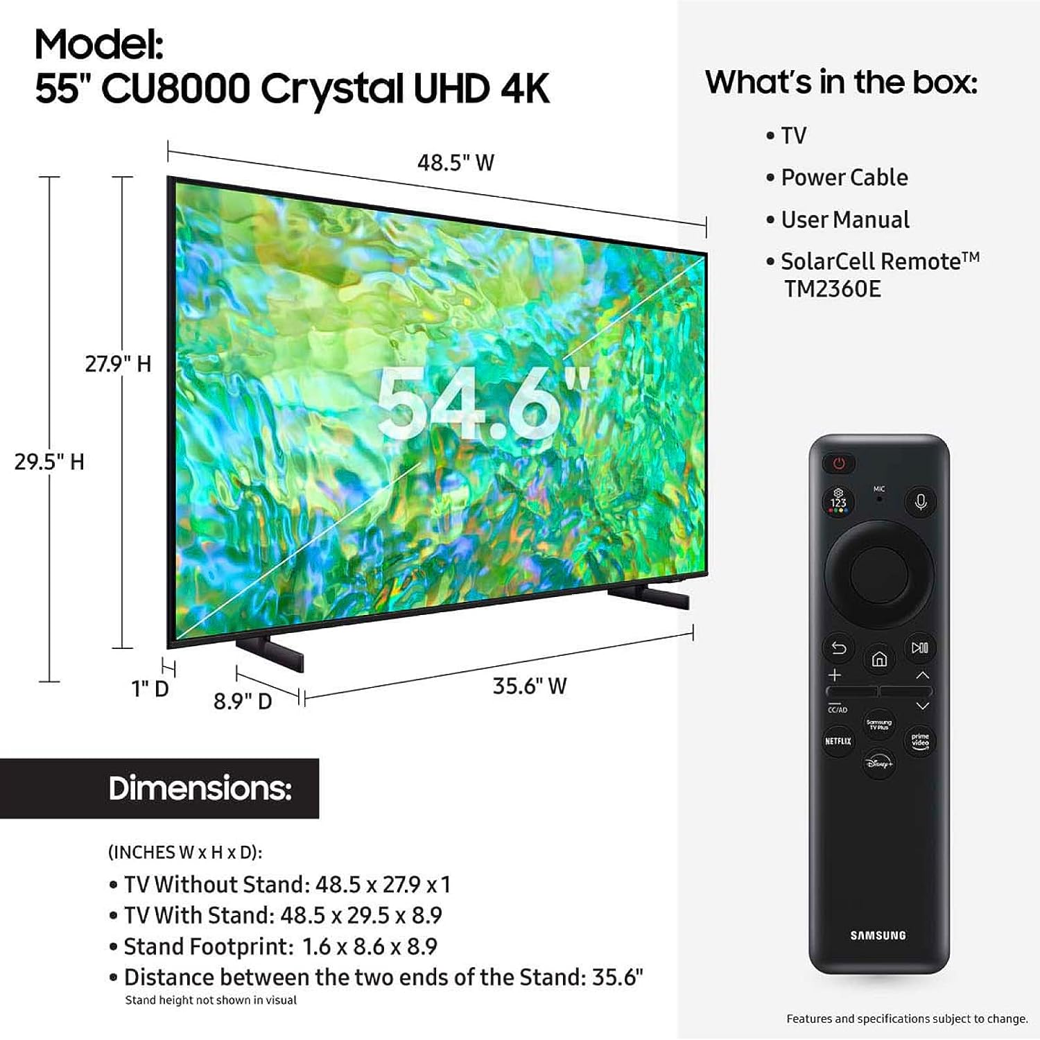 Samsung 55-calowy telewizor Crystal UHD 4K serii CU8000 PurColor, technologia Object Tracking Sound Lite, Q-Symphony, Motion Xcelerator, ultrasmukły, pilot zasilany energią słoneczną, telewizor Smart TV z wbudowaną funkcją Alexa (UN55CU8000, model z 2023