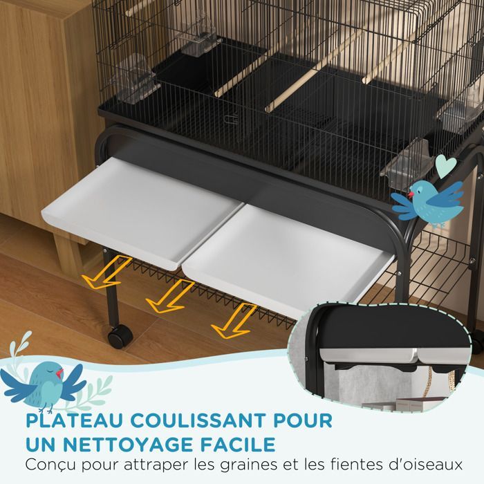 Grand cage oiseaux cage perroquet avec support roulettes pour cacatoès perruche canaris perroquet 85 x 49 x 119 cm noir