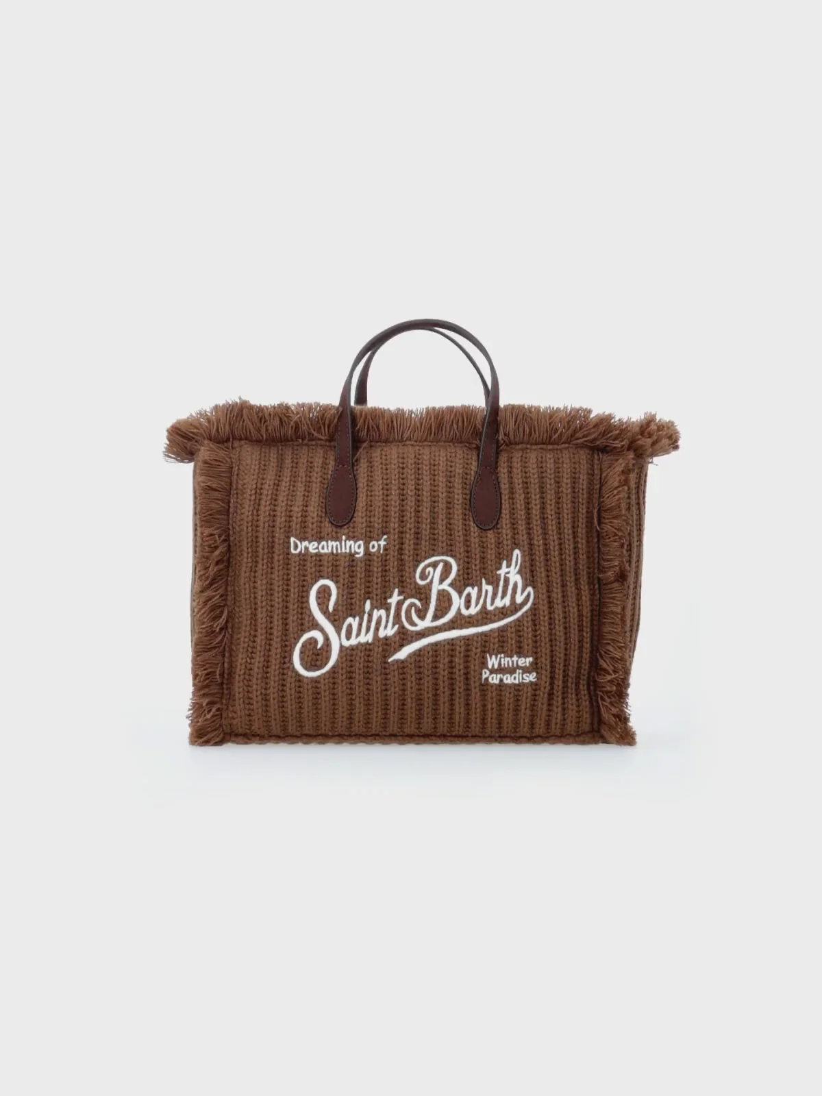 Sac à main d'hiver Colette | Modèle à franges en velours, maille côtelée marron, logo Saint Barth, bandoulière amovible | MC2 Saint Barth