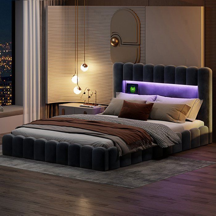 Letto contenitore 180 x 200 cm, letto 180x200 con rete a doghe, con porta USB e LED, letto matrimoniale imbottito, design a tronco d'albero, struttura letto, velluto, grigio