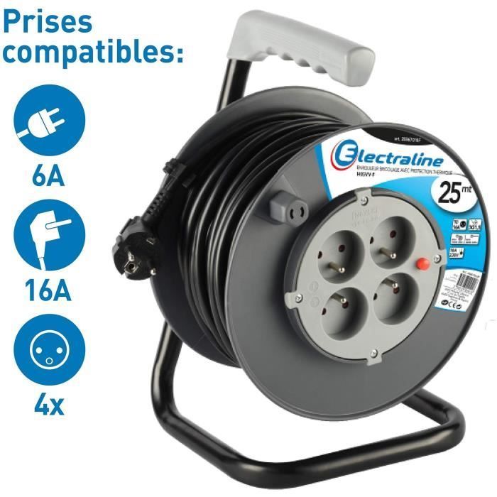 Enrouleur de câble électrique - ELECTRALINE - 25 m - 4 prises - Disjoncteur thermique - Noir et bleu