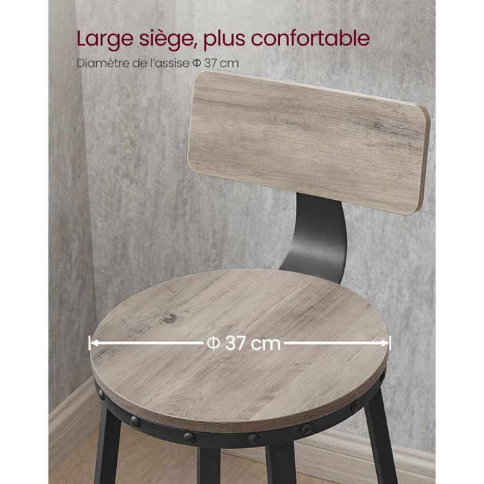 VASAGLE Lot de 2 Tabourets de bar, avec Dossier, Siège de Cuisine, Siège 73,5 cm de Haut, Style Industriel, Grège et Noir