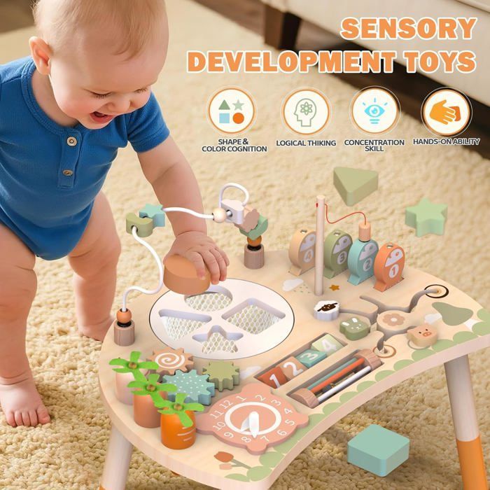 Mesa de actividades Montessori de madera ZUUKO - 9 en 1 - Clasificador de formas - Juego de pesca - Laberinto de cuentas