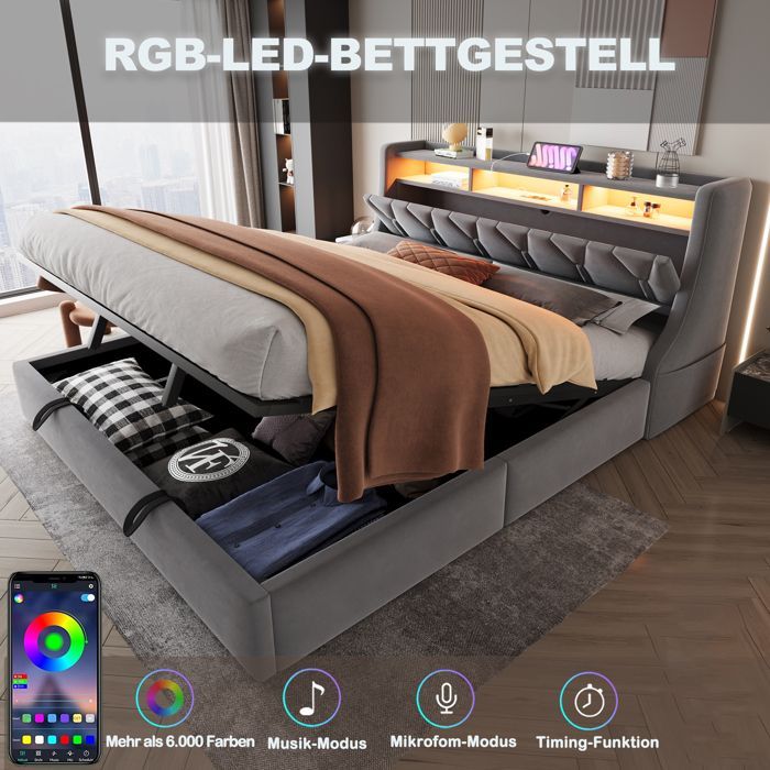 Cama tapizada con almacenamiento, 180x200 cm, con iluminación LED y toma de corriente integrada, apertura hidráulica, colchón no incluido - Terciopelo gris