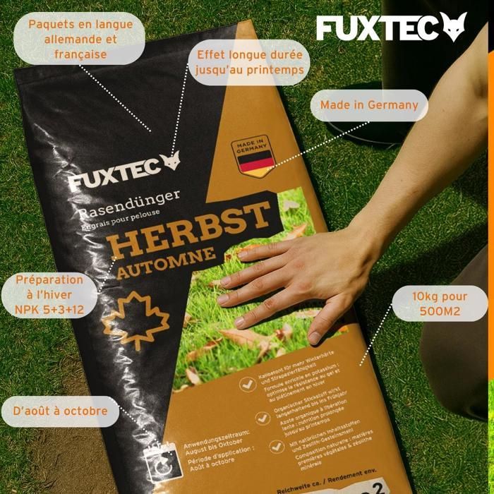 Engrais gazon automne FUXTEC FX-RDH10 potassium 2x sacs 5 kg pour 500 m2 granulés solubles fabrication allemande