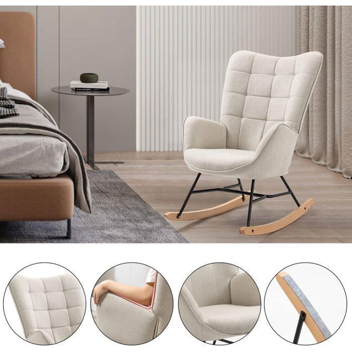 COSY FURNITURE Poltrona a dondolo scandinava per allattamento con braccioli in tessuto beige con cuciture a vista - FUNKEL
