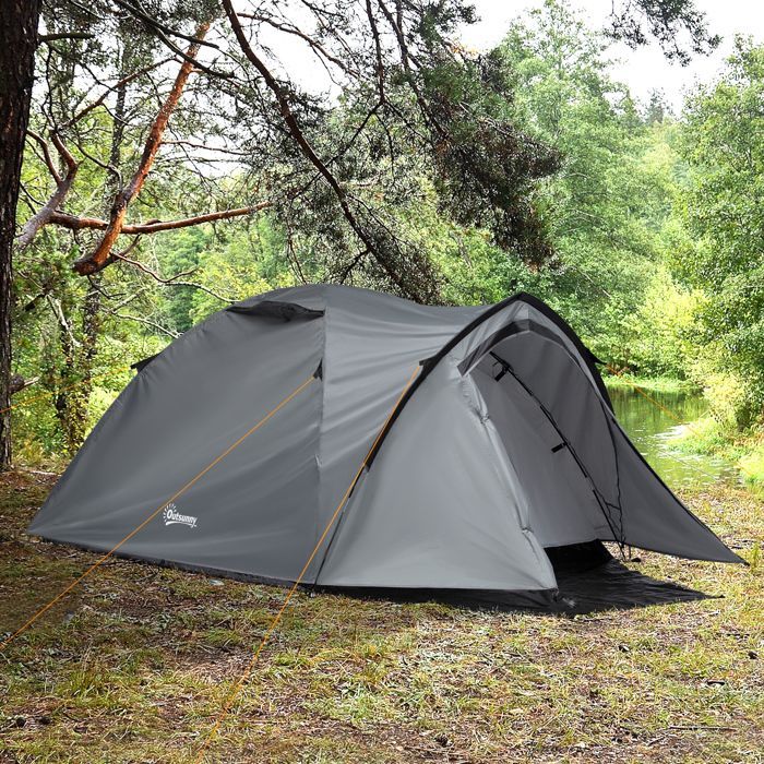 Campingzelt – Outsunny – Leichtes, belüftetes und wasserdichtes Kuppelzelt für 2–3 Personen mit 2 Türen und Fenstern – PE-Polyester – 3,25 x 1,83 x 1,3 m – Grau
