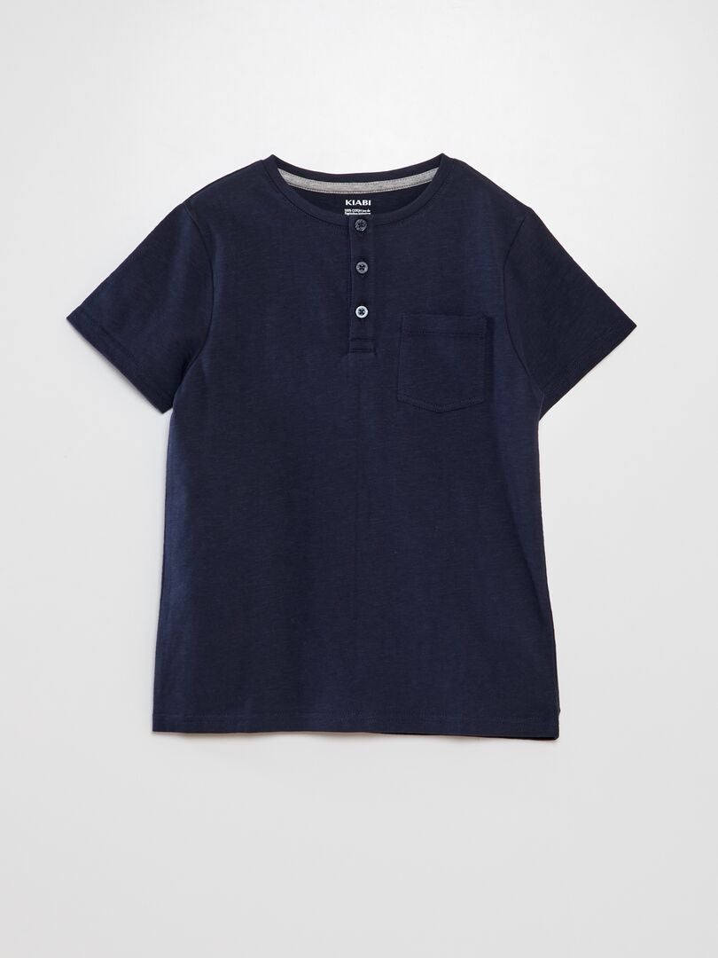 Camiseta de malha com gola abotoada - azul