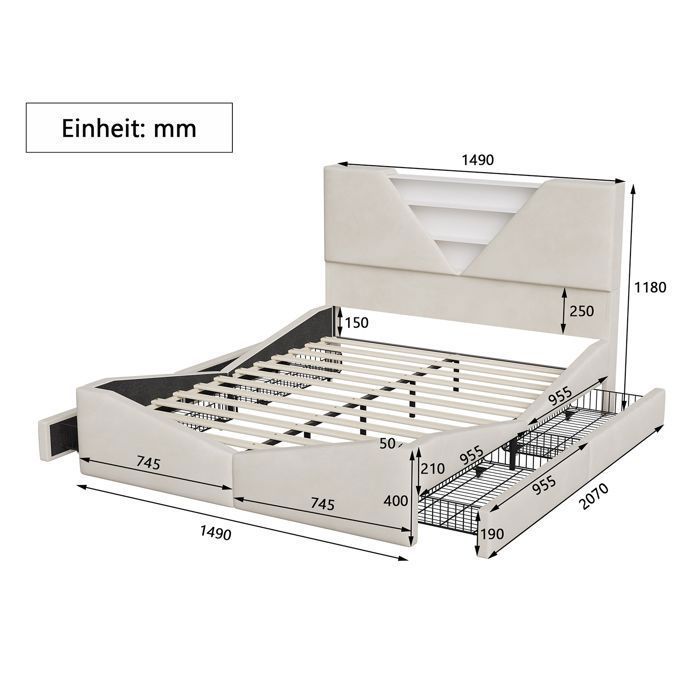 Cama de 140x190 cm - Base de láminas - Terciopelo blanco roto - Iluminación LED integrada - 4 cajones de almacenamiento