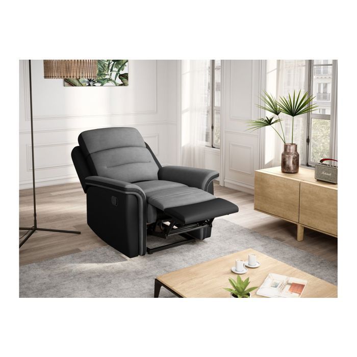 Sofá reclinable de 2 plazas LOUNGITUDE LÉON + sillón manual en microfibra y piel sintética, gris/negro.