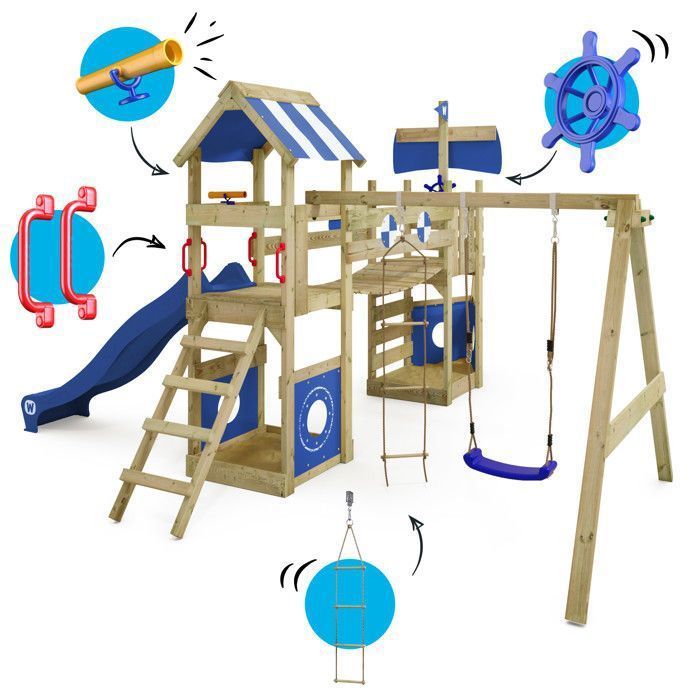 Area giochi in legno WICKEY StormFlyer a forma di barca con scivolo blu da 220 cm e parete da arrampicata – garanzia di 10 anni*