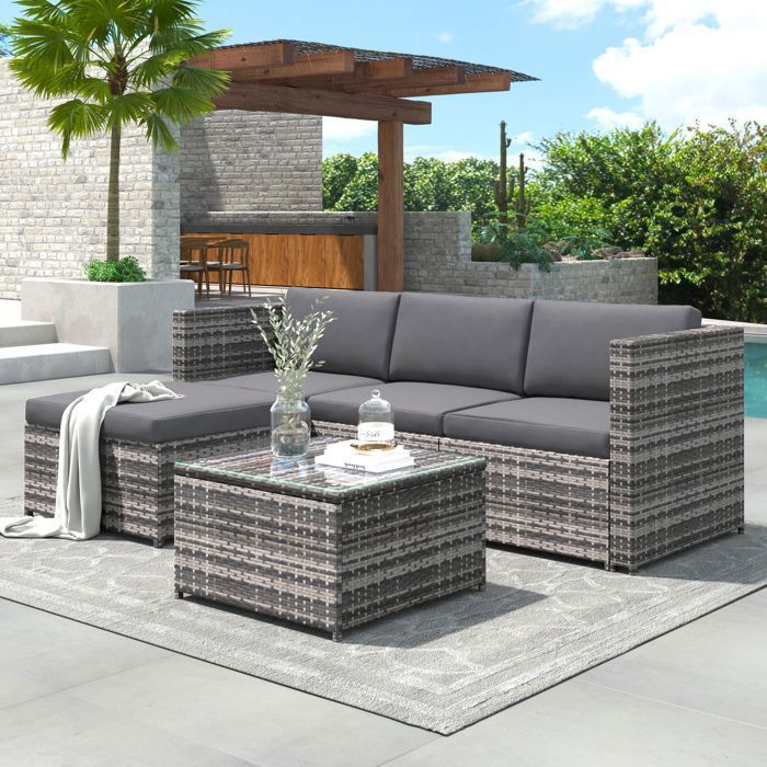 Salon de Jardin Exterieur en Rotin, Table de Jardin Exterieur avec Chaise, Canapé de Salon d'angle 4 Places, Gris