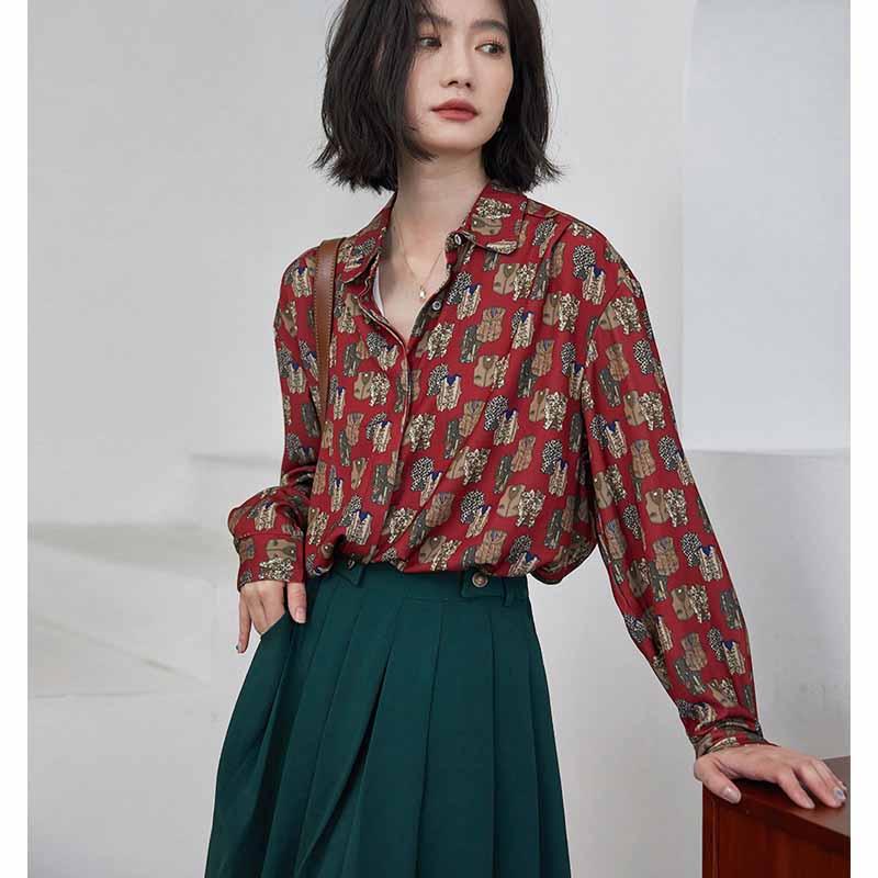Camicia da donna con stampa stile retrò Hong Kong, design con stampa a pittura ad olio, blusa ampia con colletto a risvolto, nuova
