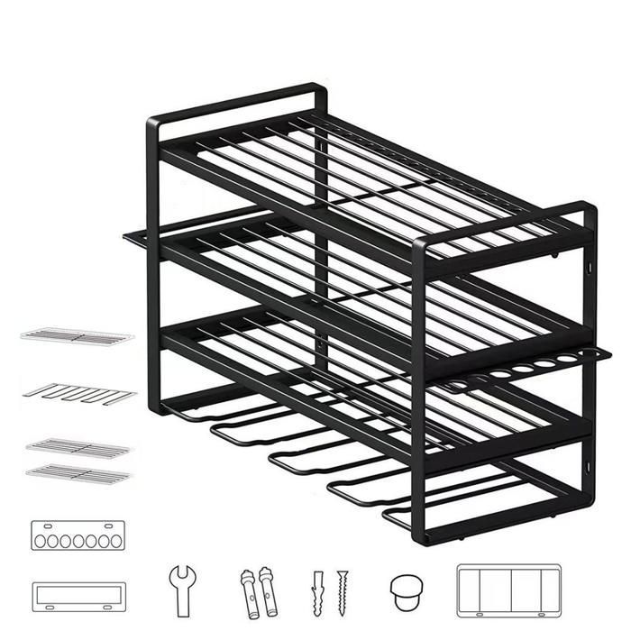 Estantería de pared de 4 niveles para herramientas eléctricas, soporte para taladro, organizador de garaje de acero al carbono, capacidad de 50 kg.