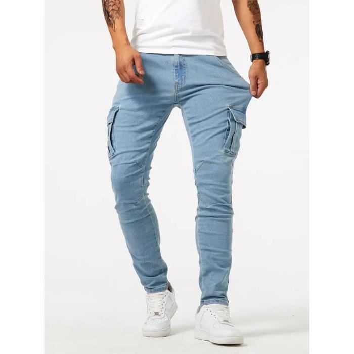 Men's Cargo Jeans - INSFITY - Slim Fit - Multi-Pocket - Light Blue