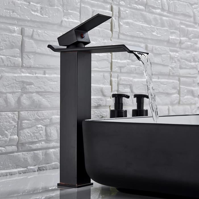Grifo mezclador de lavabo tipo cascada JULLYBATHEVY - Grifo de baño - Grifo mezclador - Grifo mezclador de lavabo tipo cascada alto - Negro mate