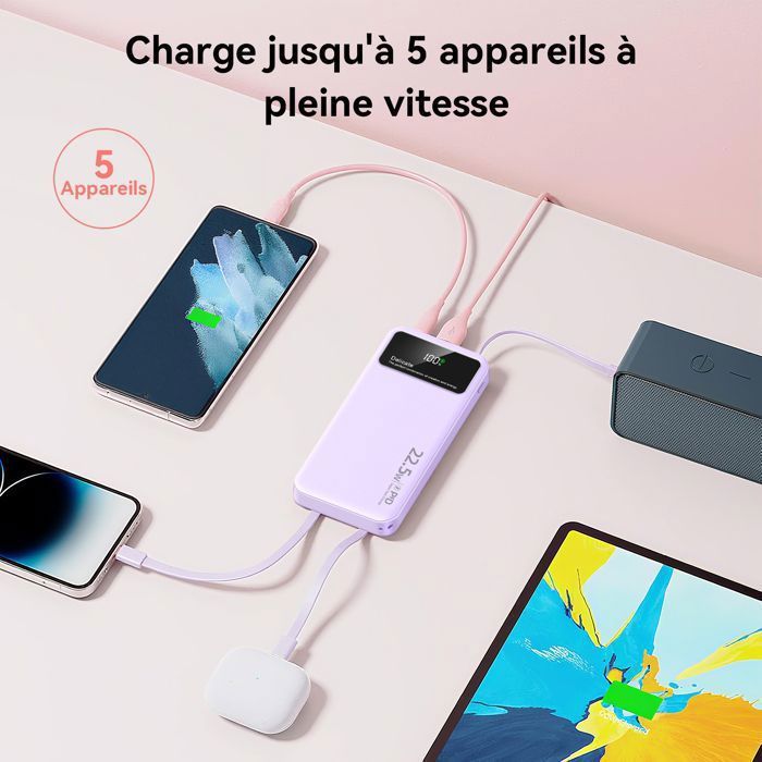 Purple 20000mAh External Battery - Slim Power Bank - 4 Integrated Cables, 6 Outputs, 3 Inputs - LED Display - Compact