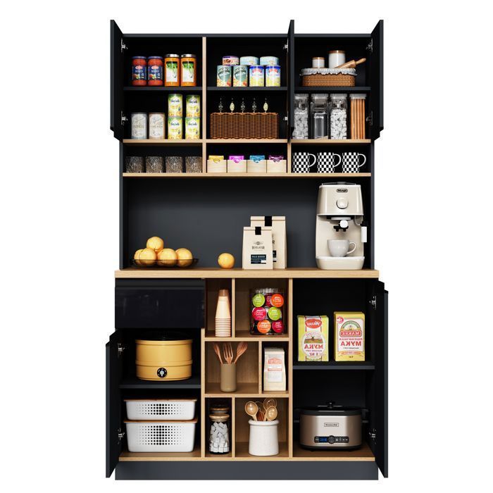 Maisentil opbergkast in hoogglans zwart, 105x45x185 cm, MDF, hoge kast met verstelbare planken en lade