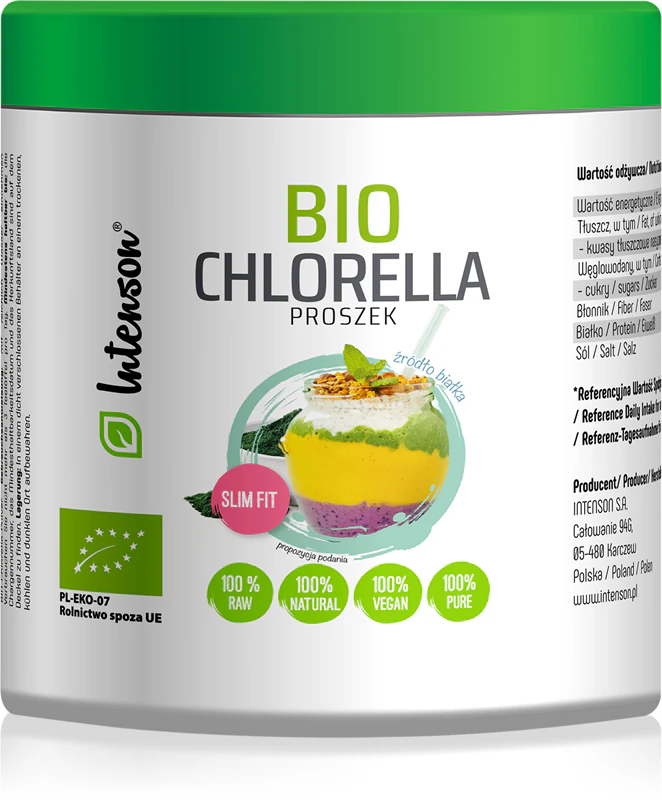 Výživový doplnok Intenson Organic Chlorella v prášku s detoxikačným účinkom
