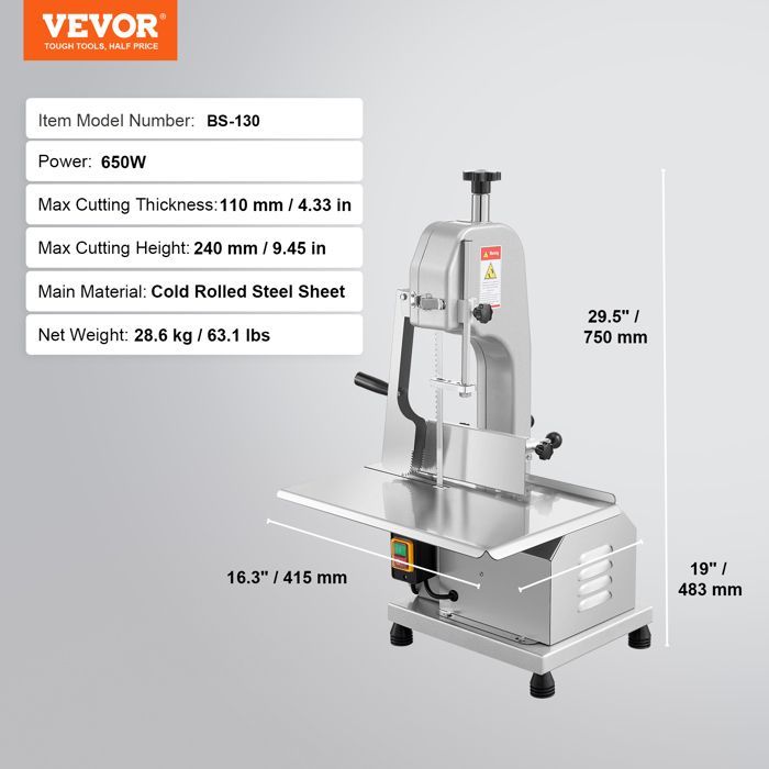Sierra eléctrica comercial para carnicería VEVOR - 650 W - Grosor máximo 110 mm para supermercados y restaurantes
