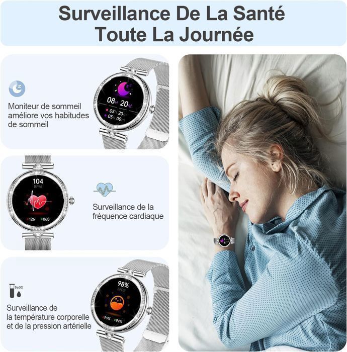 KIQULOV Smartwatch voor dames met Bluetooth-bellen, AMOLED-display, vrouwelijke functies, activiteitstracker, hartslagmeter, SpO2-sensor en IP68-waterdichtheid.