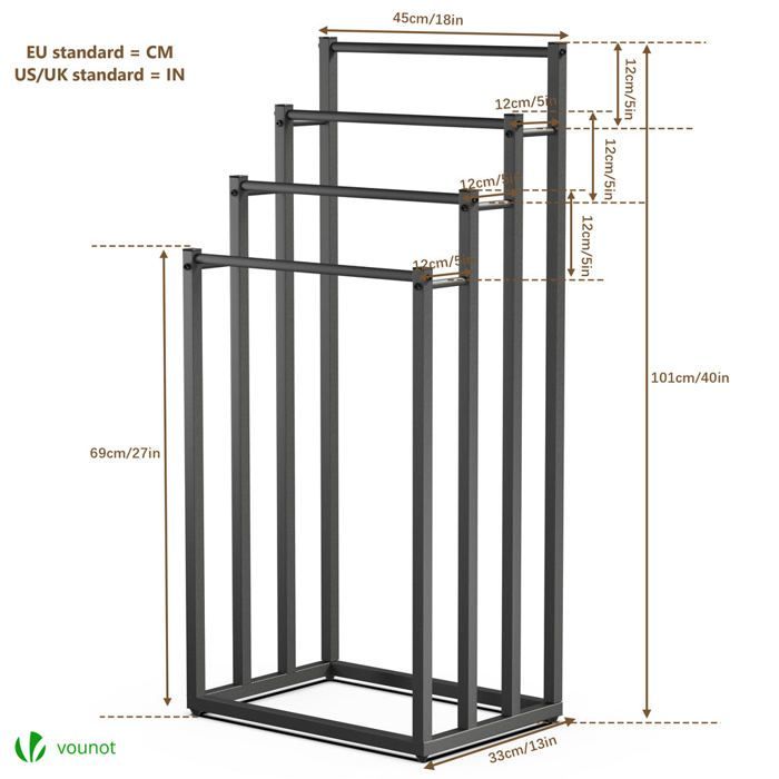 VOUNOT® Frittstående håndklestativ - 4-lags støtte - Metall - Svart