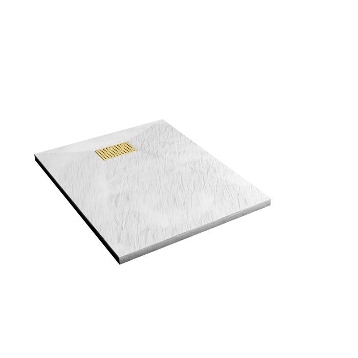 Plato de ducha con efecto piedra blanca de 80x100 cm y rejilla decorativa perforada en oro cepillado.