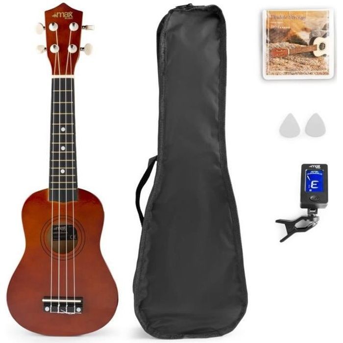Max UKEY - Pacote com Ukulele e Acessórios - Marrom, cordas de nylon, afinador digital, 2 palhetas e capa para transporte.