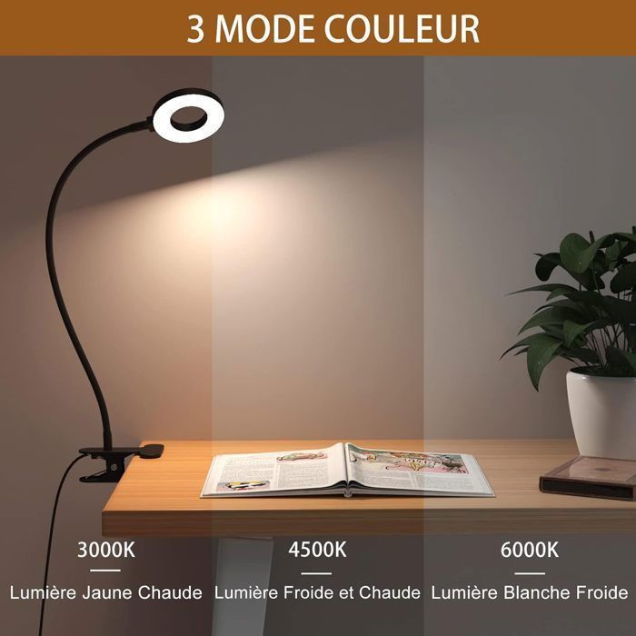 Luminária de mesa - OTBACT - Modelo com clipe - 48 LEDs - 3 modos de iluminação - 10 níveis de brilho