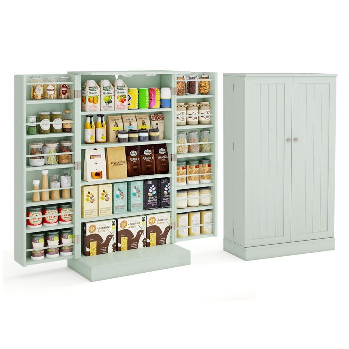 Aparador de cocina COSTWAY de 104 cm, puertas con apertura de 180°, estantes ajustables, kit antivuelco, para comedor/sala de estar, color verde.