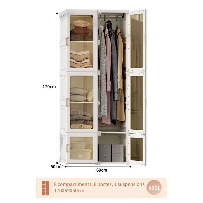 Kleiderschrank fürs Schlafzimmer, Aufbewahrungsschrank, Kleiderschrank, Aufbewahrungseinheit, 6 Türen und 10 Fächer, 1 Kleiderstange, Weiß