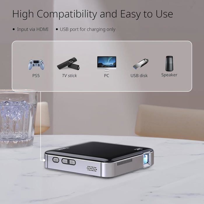 Proyector mini DLP TRAHOO Y200 - Full HD 1080P - Tecnología DLP - Silencioso - Portátil - 9,8 x 9,8 x 2,15 cm